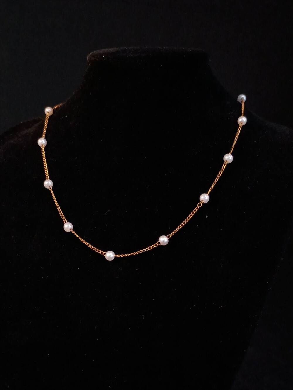 Gold Tone Metal Chain Necklace with Faux White Pearl Beads - 15 Inches